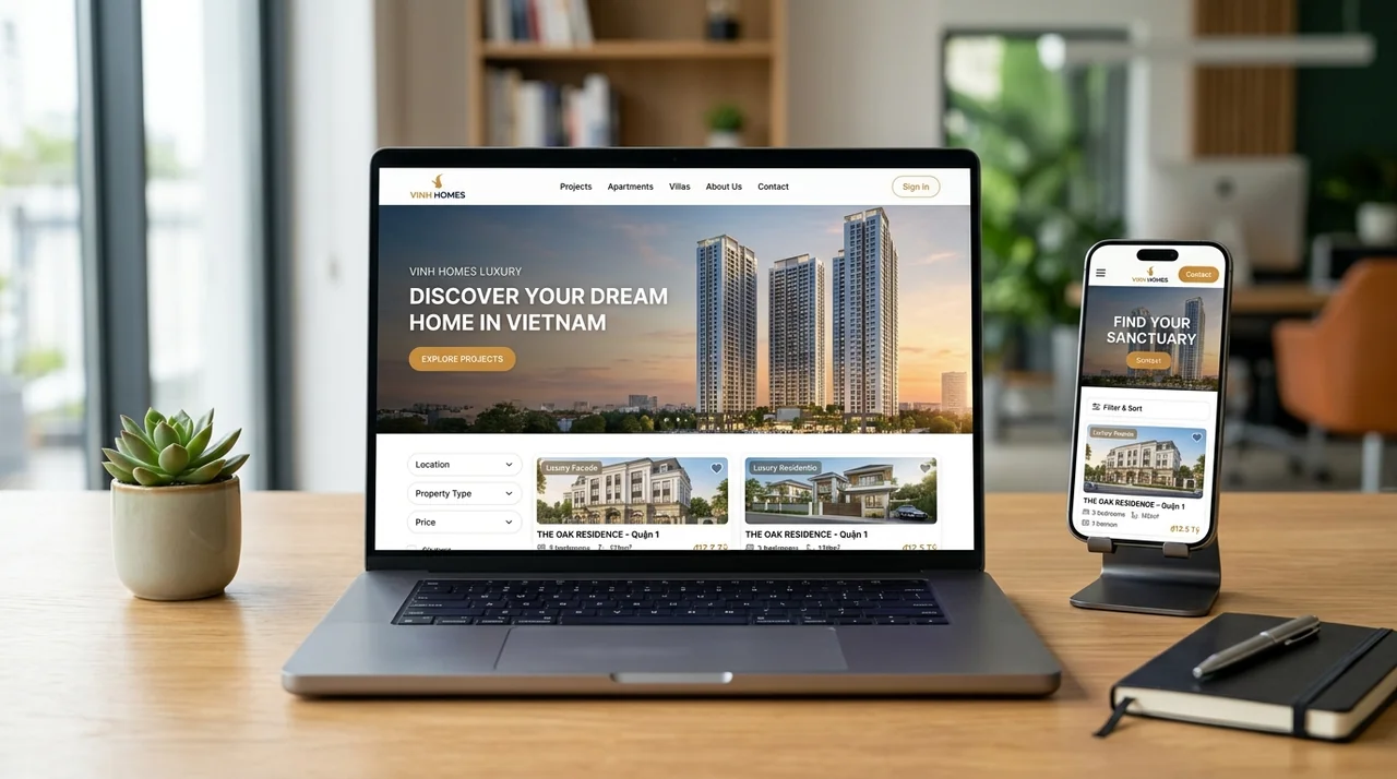 Giao diện thiết kế website bất động sản tối ưu hiển thị trên máy tính và điện thoại