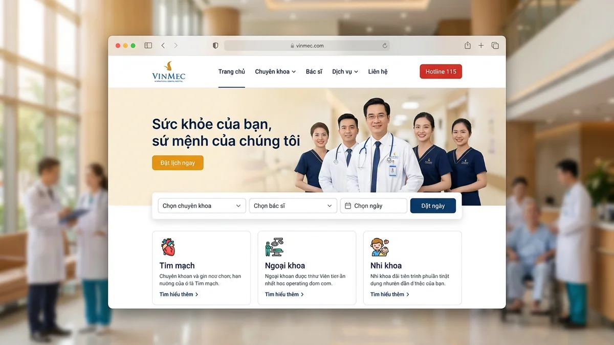 Mẫu giao diện website bệnh viện đa khoa phân tầng chuyên khoa và thanh đặt hẹn nhanh