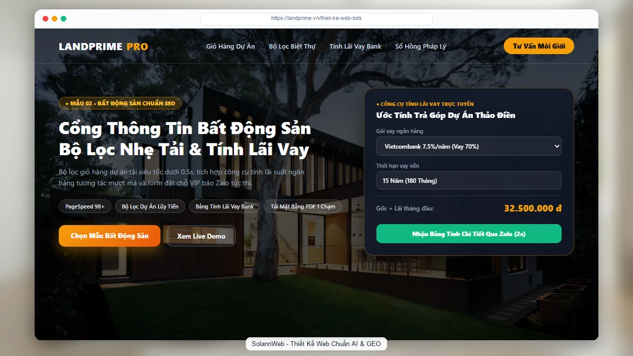 Mẫu thiết kế website bất động sản chuẩn SEO bộ lọc dự án và tính lãi vay ngân hàng
