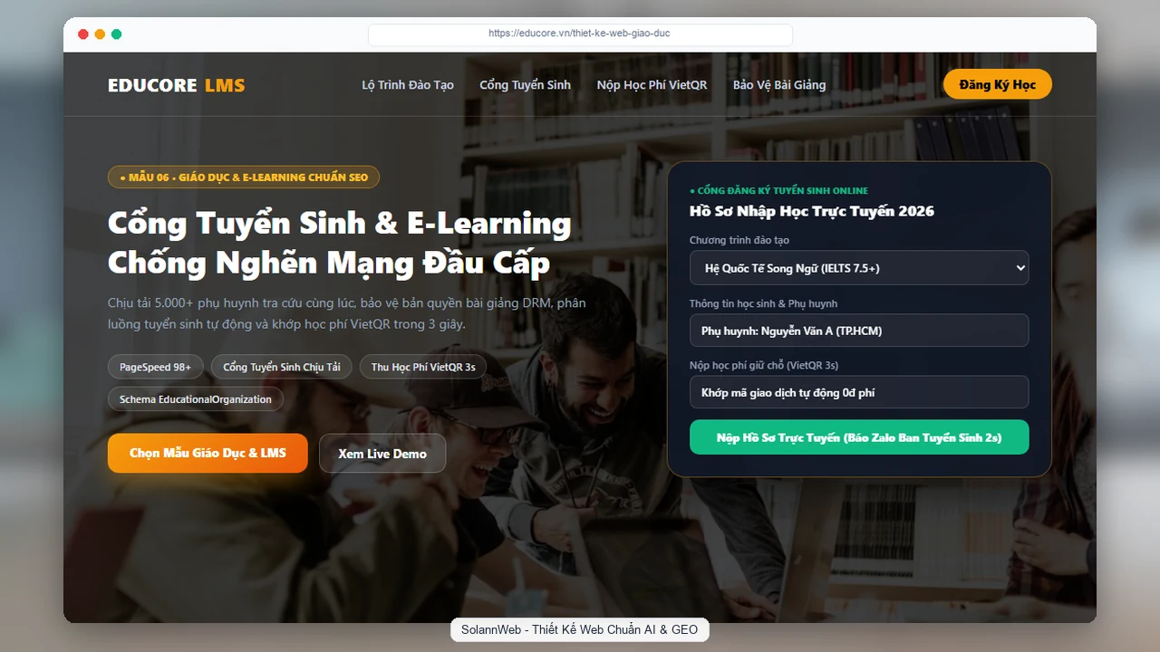 Mẫu thiết kế website giáo dục đào tạo chuẩn SEO tuyển sinh và nộp học phí VietQR