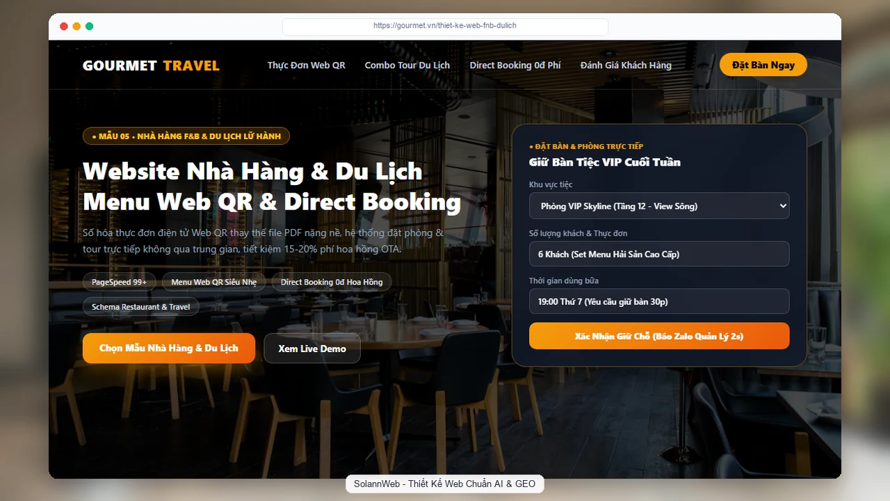 Mẫu thiết kế website nhà hàng du lịch chuẩn SEO menu Web QR và Direct Booking