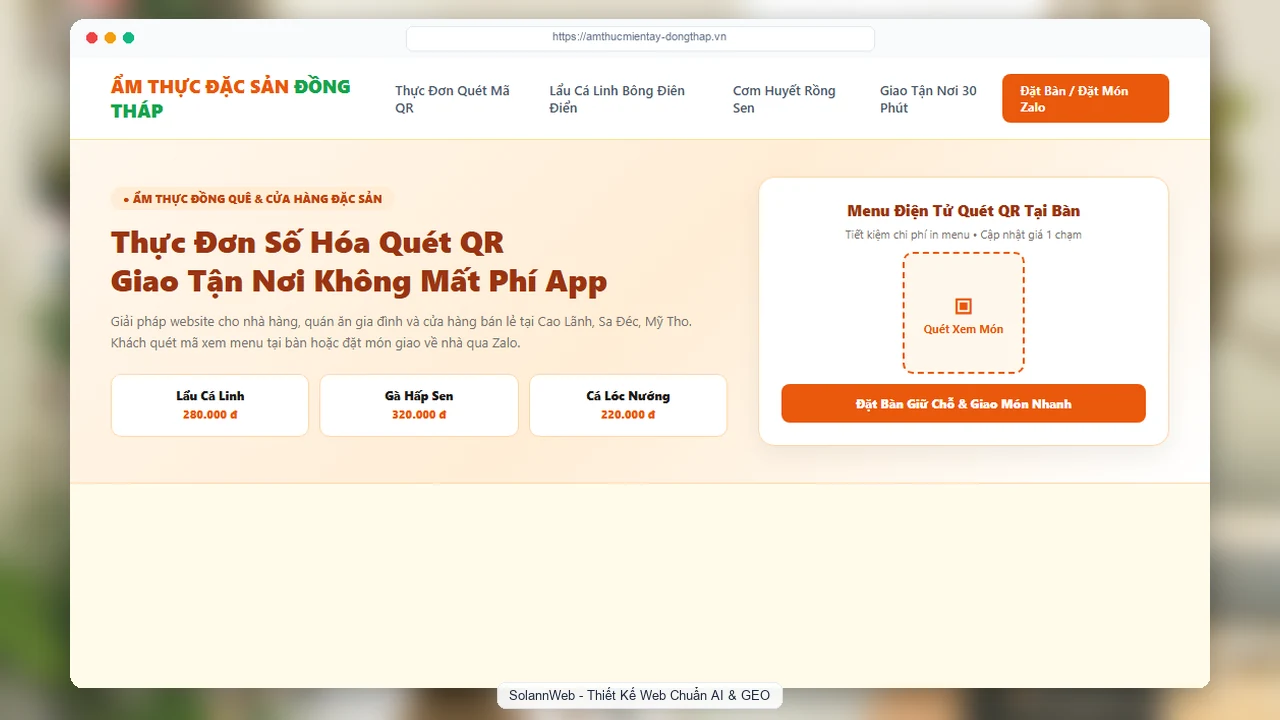 Mẫu website nhà hàng, quán ăn đặc sản và cửa hàng bán lẻ tại Đồng Tháp