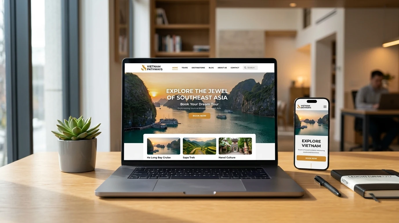 Giao diện thiết kế website du lịch chuyên nghiệp hiển thị đa thiết bị MacBook và iPhone chuẩn SEO