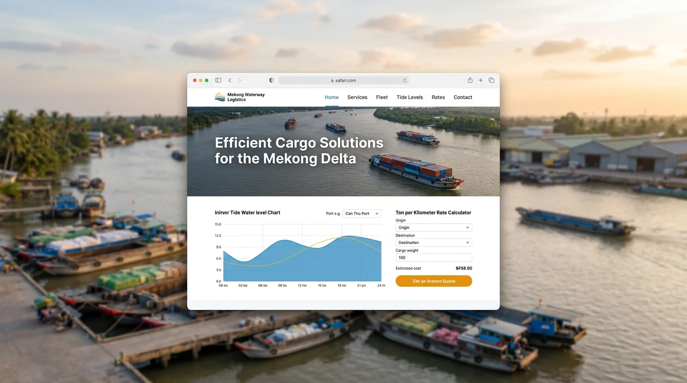 Mẫu website vận tải đường thủy nội địa và đội xà lan sông kênh Mekong Waterway & Barge