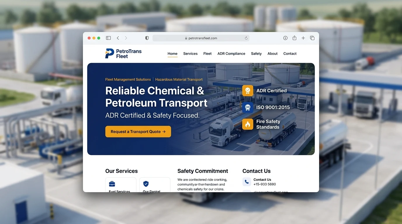 Mẫu website đội xe bồn nhiên liệu, xăng dầu và hóa chất công nghiệp PetroTrans Fleet
