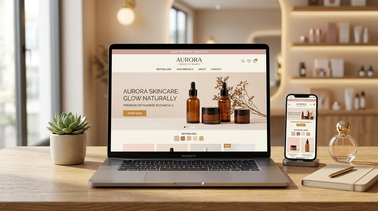 Giao diện thiết kế website bán mỹ phẩm và chăm sóc da cao cấp hiển thị trên máy tính và điện thoại