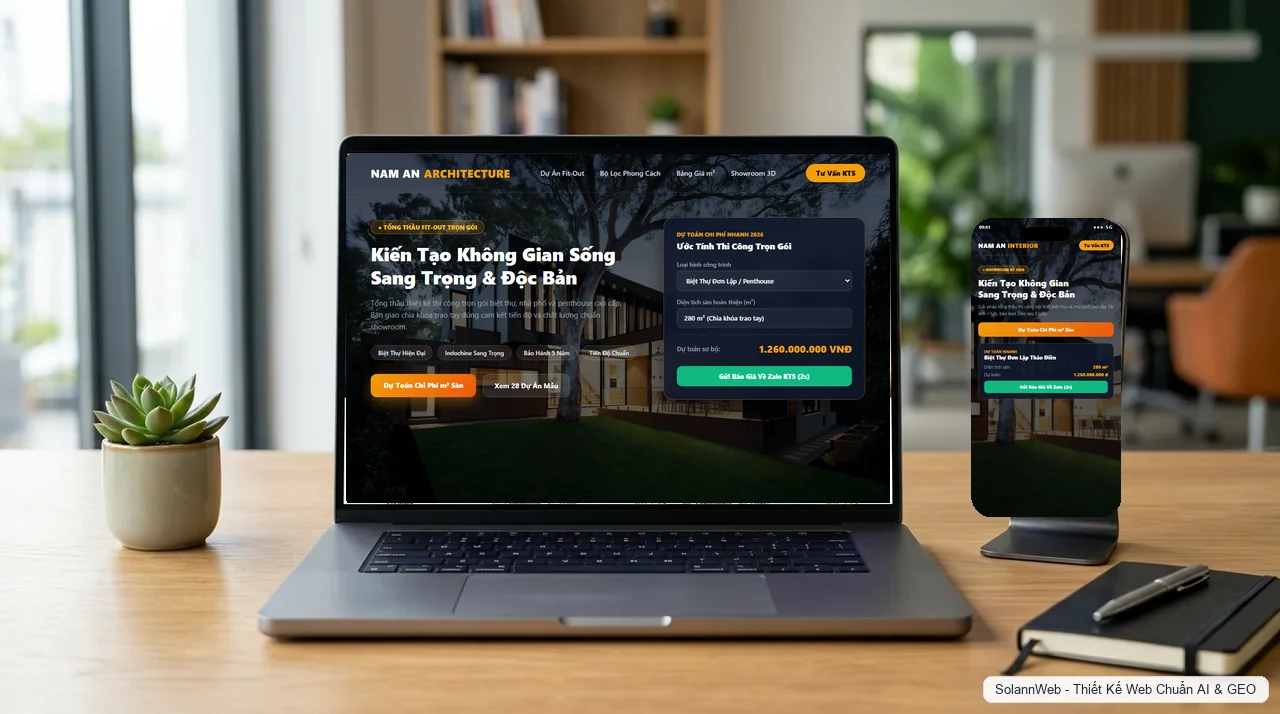 Giao diện thiết kế website nội thất tối ưu hiển thị trên máy tính và điện thoại chuẩn showroom số
